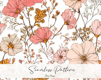Boho Floral Seamless Pattern: Blush Pink Pastel Fabric Print (Digital Download)