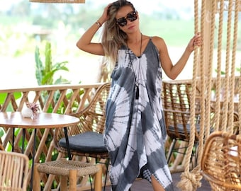 Boho Tie Dye High Low Dress with Pockets, Asymmetrical Maxi Dress, Flowy Beach Dress, One Size Fits S-2X, Hippie Festival Vacation Outfit