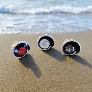 Könnte beinhalten: Drei muschelförmige Ringe mit schwarz-weißen Designs und farbenfrohen Akzenten werden an einem Sandstrand ausgestellt. Ein Ring hat eine rot glitzernde Mitte, ein anderer eine weiße Spirale und der dritte eine regenbogenfarbene Mitte.
