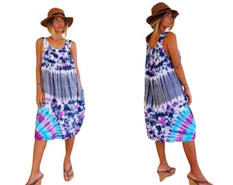 Tie Dye Boho Regenschirm Sommerkleid mit Taschen Strand Abdeckung One Size passt S-XL