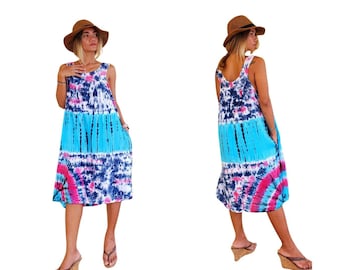Tie Dye Boho Regenschirm Sommerkleid mit Taschen Strand Abdeckung One Size passt S-XL