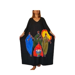 New African Ethnic Tribal Hand Painted Long Kaftan Dress One Size Fits S M L XL 1X 2X