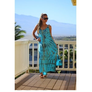 Long Boho Maxi Tie Dye Dress With Pockets And Adjustable Shoulder String