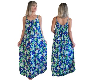 Vestido largo tropical de rayón con bolsillos: ideal para playa, piscina o para el verano (talla única)