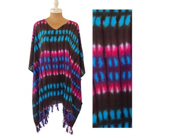 Poncho mit Batikmuster und V-Ausschnitt, Strandkleid im Boho-Stil, Kaftan-Tunika für Damen, Einheitsgröße (S-2XL), Strandmode für tropische Festivals