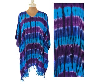 Poncho mit Batikmuster und V-Ausschnitt, Strandkleid im Boho-Stil, Kaftan-Tunika für Damen, Einheitsgröße (S-2XL), Strandmode für tropische Festivals
