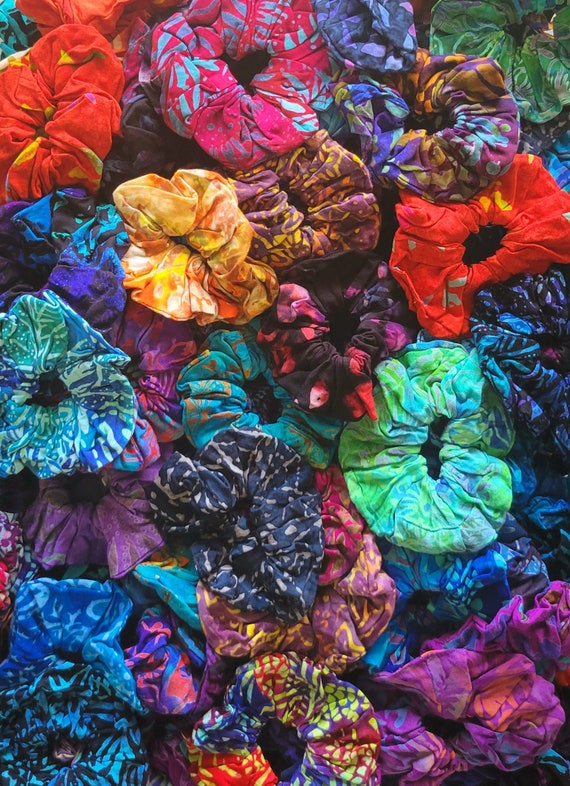 5 Batik Rayon Hair Scrunchies, Handmade Hair Ties