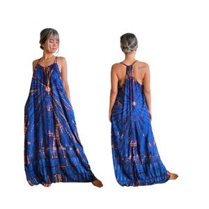 Long Boho Maxi Bamboo Racerback Tie Dye Rope Strap Dress With Pockets One Size Fits Small-Large