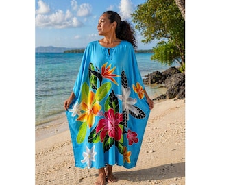 Hand Painted Hawaiian Kaftan Dress, Turquoise Tropical Floral Cover Up, Beach Resort Maxi Wear, Vacation Lounge Dress, One Size Fits S-2X