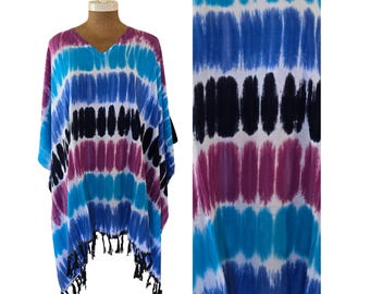 Poncho mit Batikmuster und V-Ausschnitt, Strandkleid im Boho-Stil, Kaftan-Tunika für Damen, Einheitsgröße (S-2XL), Strandmode für tropische Festivals