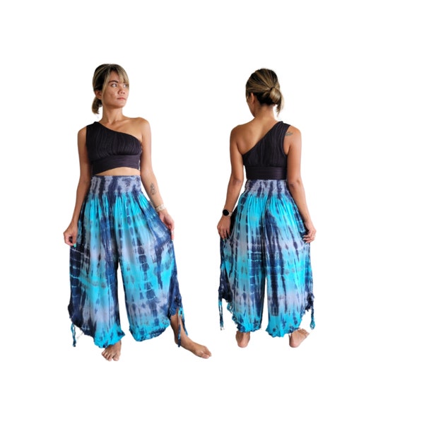 Tie Dye Viskose Hose: Rüschenboden, elastische Taille - Bali Handmade