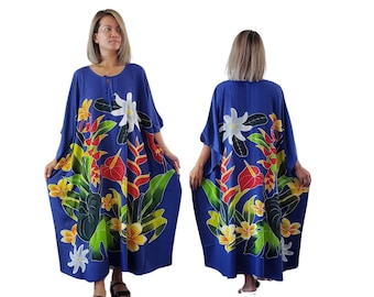 Hand Painted Hawaiian Kaftan Dress, Blue Tropical Floral Cover Up, Beach Resort Maxi Wear, Vacation Lounge Dress, One Size Fits S-2X