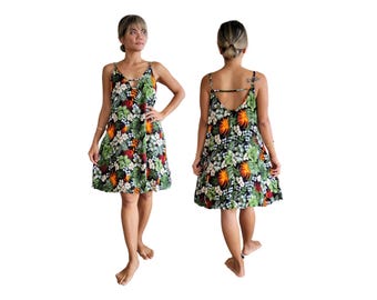 Short Hawaiian Tropical Print Dress with Pockets Free Size Fits Small-Large Beach Resort Wear