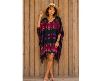 Poncho mit Batikmuster und V-Ausschnitt, Strandkleid im Boho-Stil, Kaftan-Tunika für Damen, Einheitsgröße (S-2XL), Strandmode für tropische Festivals