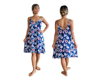 Short Hawaiian Tropical Print Dress with Pockets Free Size Fits Small-Large Beach Resort Wear