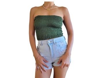 Solid Hunter Green Tube Top Bandeau Crop Top Resort Beach Wear Taglia unica XS-XL