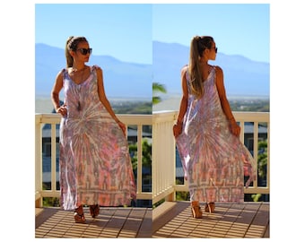 Boho Tie Dye Maxi Dress with Pockets, Long Flowy Dress, Adjustable Shoulder Tie Straps, Hippie Festival Outfit, Summer Vacation Dress