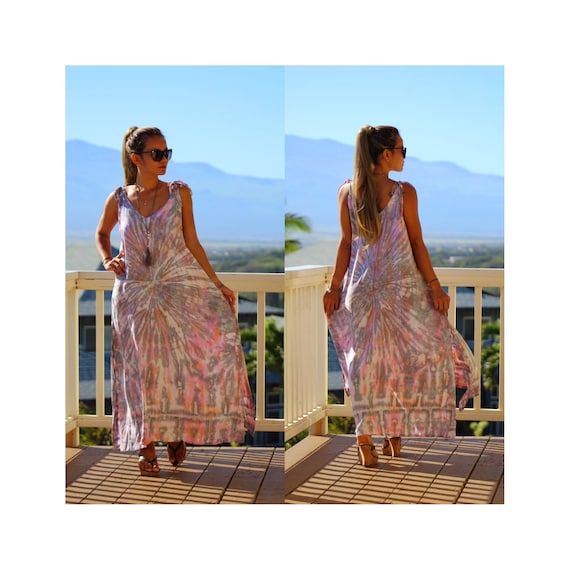 slim fit dress slacks Hippie Boho Maxi Flowy Tie Dye Dress Mauve / Regular