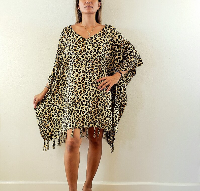 New Animal Print V-Neck Poncho Tunic Caftan Beach Cover Up Boho One Size Fits S M L XL 1X 2X