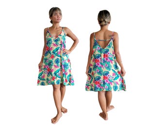 Short Hawaiian Tropical Print Dress with Pockets Free Size Fits Small-Large Beach Resort Wear