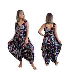 Womens Tropical Wide Leg Jumpsuit With Pockets And Belt, Swimsuit Cover Up, Boho Festival Fashion, One Size, Plus Size