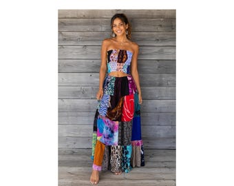 Patchwork Maxi Skirt And Tube Top Set, Boho TwoPiece Outfit, Elastic Waistband, Festival Clothing, Summer Beach Vacation Wear, One Size S-XL