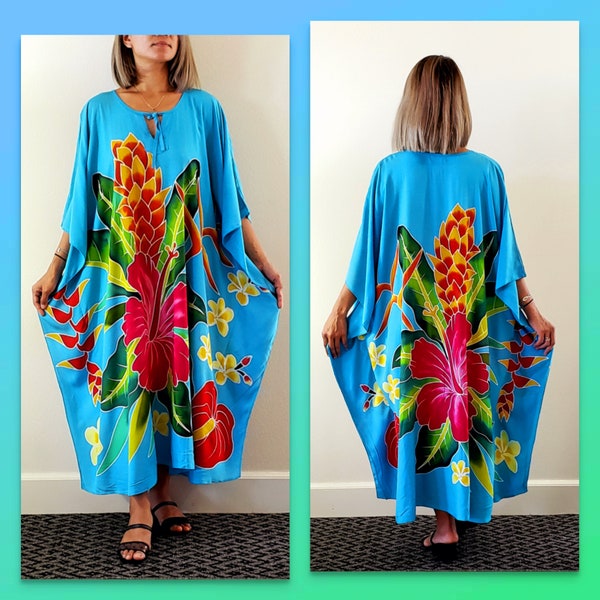 New Tropical Turquoise Floral Hawaiian Hibiscus Hand Painted Long Kaftan Dress One Size Fits S M L XL 1X 2X