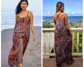 Long Boho Maxi Bamboo Racerback Tie Dye Rope Strap Dress With Pockets One Size Fits Small-Large