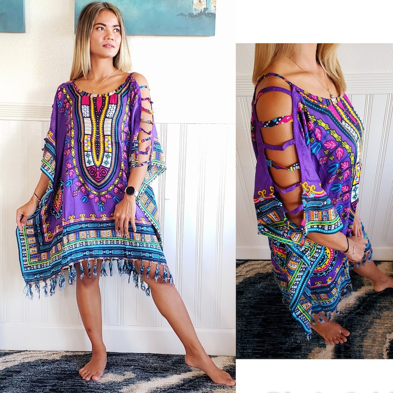 New Purple Ethnic Dashiki Open Shoulder Tunic Caftan Beach | Etsy