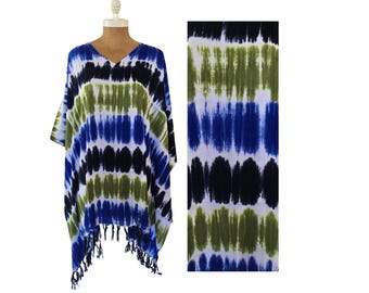 Poncho mit Batikmuster und V-Ausschnitt, Strandkleid im Boho-Stil, Kaftan-Tunika für Damen, Einheitsgröße (S-2XL), Strandmode für tropische Festivals