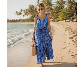Vestido longo boho tie-dye com bolsos, vestido fluido, alças ajustáveis para amarrar nos ombros, look hippie para festivais, vestido perfeito para férias de verão.