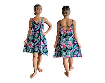 Short Hawaiian Tropical Print Dress with Pockets Free Size Fits Small-Large Beach Resort Wear