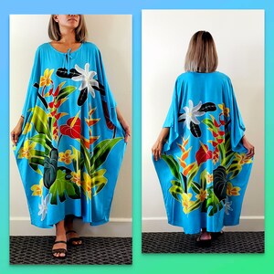 New Tropical Turquoise Floral Hawaiian Hand Painted Long Kaftan Dress One Size Fits S M L XL 1X 2X