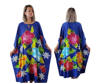 Hand Painted Hawaiian Kaftan Dress, Blue Tropical Floral Cover Up, Beach Resort Maxi Wear, Vacation Lounge Dress, One Size Fits S-2X