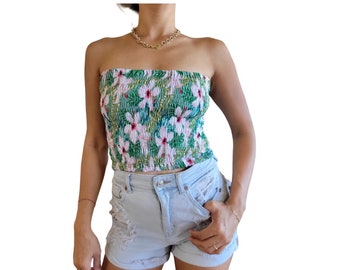 Tropical Hawaiian Tube Top Bandeau Crop Top Resort Beach Wear One Size Fits XS-XL