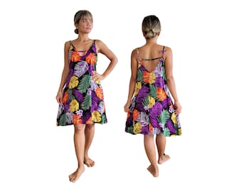 Short Hawaiian Tropical Print Dress with Pockets Free Size Fits Small-Large Beach Resort Wear