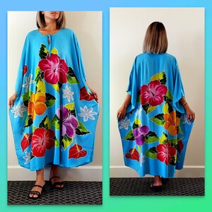 New Tropical Turquoise Floral Hawaiian Hibiscus Hand Painted Long Kaftan Dress One Size Fits S M L XL 1X 2X