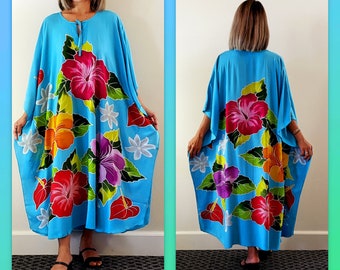 New Tropical Turquoise Floral Hawaiian Hibiscus Hand Painted Long Kaftan Dress One Size Fits S M L XL 1X 2X