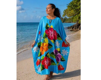 Hand Painted Hawaiian Kaftan Dress, Turquoise Tropical Floral Cover Up, Beach Resort Maxi Wear, Vacation Lounge Dress, One Size Fits S-2X