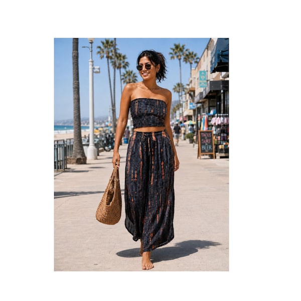 Dunkelgraue Boho-Hose mit Batikmuster, Taschen und Seitenschlitzen, elastischem Bund, optionalem passendem Tube-Top, Einheitsgröße (passend für S–L)