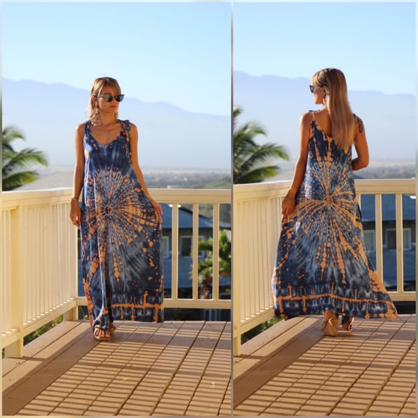 Robe longue bohème maxi tie-dye avec poches et cordon réglable aux épaules