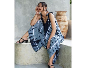 Mono bohemio tie-dye de pierna ancha, atuendo hippie para festivales de mujer, talla única (S-2X), mono bohemio fluido, ropa de resort, mono harem para mujer