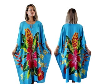 Hand Painted Hawaiian Kaftan Dress, Turquoise Tropical Floral Cover Up, Beach Resort Maxi Wear, Vacation Lounge Dress, One Size Fits S-2X