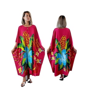 New Tropical Fuchsia Floral Hawaiian Hand Painted Long Kaftan Dress One Size Fits S M L XL 1X 2X