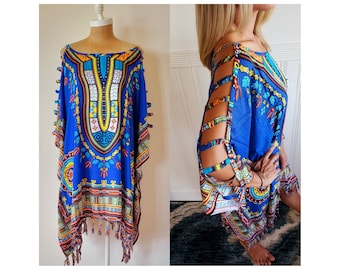 New  Ethnic Dashiki Open Shoulder Tunic Caftan Beach Cover Up One Size Fits S M L XL 1X 2X