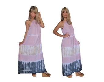 Long Boho Turtleneck Tie Dye Maxi Dress With Pockets One Size Fits S-L