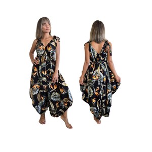 Womens Tropical Wide Leg Jumpsuit With Pockets And Belt, Swimsuit Cover Up, Boho Festival Fashion, One Size, Plus Size