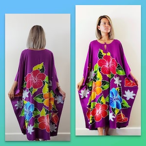 New Tropical Purple Floral Hawaiian Hand Painted Long Kaftan Dress One Size Fits S M L XL 1X 2X