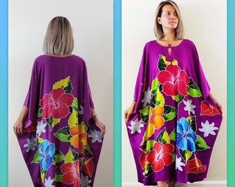 New Tropical Purple Floral Hawaiian Hand Painted Long Kaftan Dress One Size Fits S M L XL 1X 2X