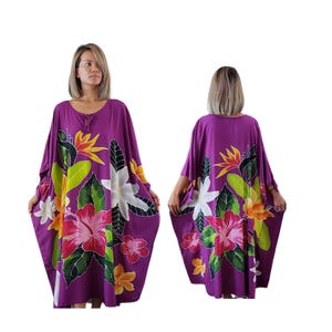 Hand-Painted Purple Floral Kaftan Dress: Tropical Hawaiian Rayon